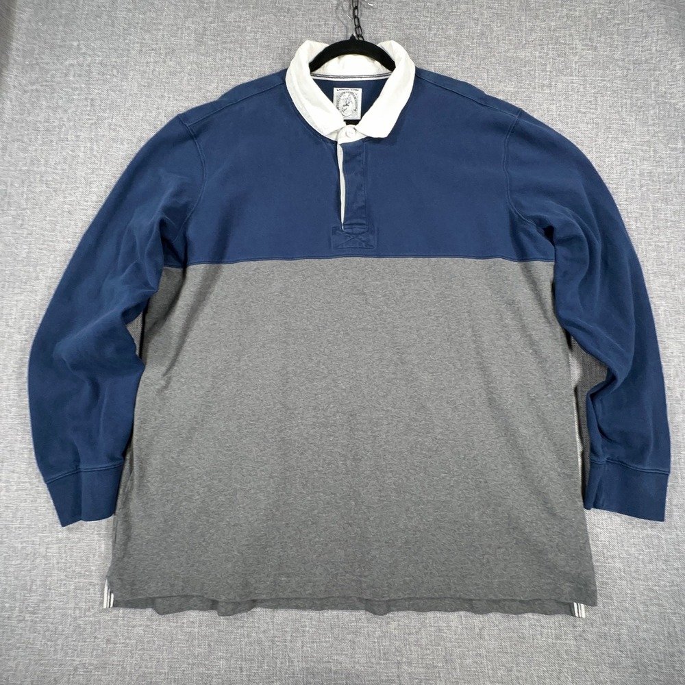 Lands End Rugby Shirt Mens XXL Blue Gray Colorblock Long Sleeve Cotton Preppy